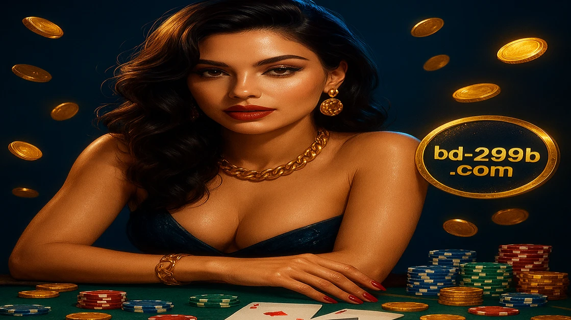 299b লাইভ গেমিং-এ একটি সুন্দর হোস্ট একটি গেম টেবিলে আপনাকে ১০০% স্বাগত বোনাসসহ খেলার আমন্ত্রণ জানাচ্ছেন, চারপাশে চিপস ও ভাসমান সোনালি কয়েন ঘিরে রয়েছে।